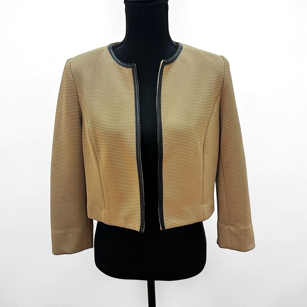 Vintage Kasper Collarless Cropped Camel Textured Career Jacket Size 4-Petite